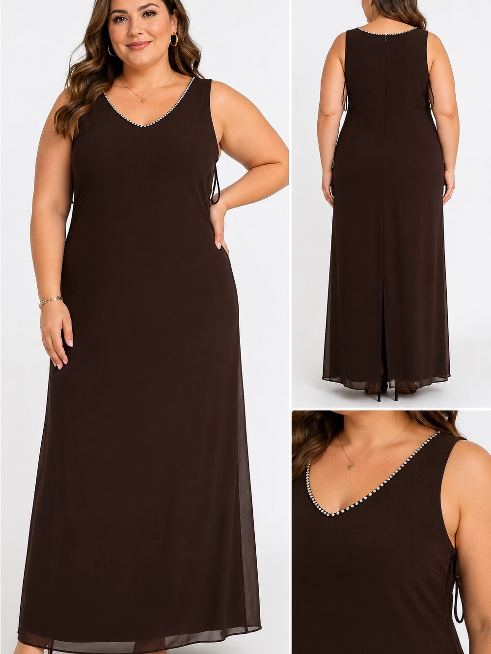 Onyx Nite Brown V-Neck Maxi Dress with Rhinestone Trim